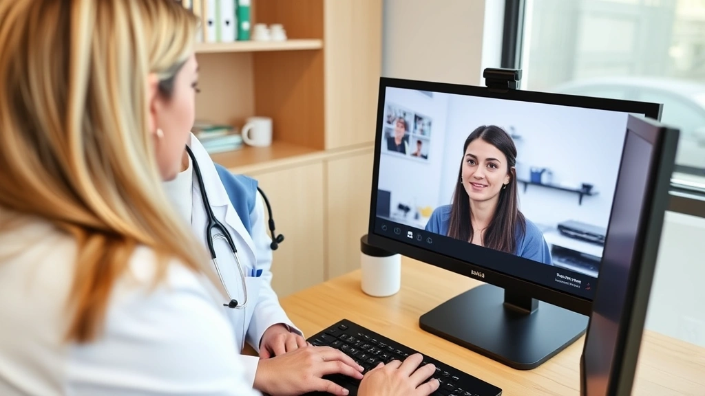 Healthcare provider having video consultation with student on computer screen, professional setting, supportive interaction