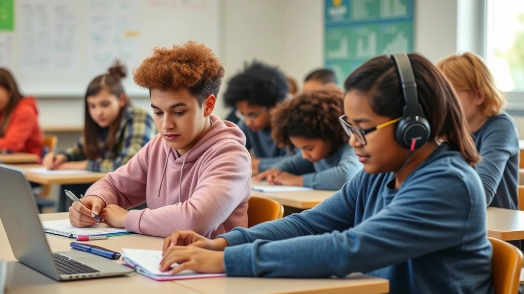 Diverse students in classroom taking exam with assistive technology and accommodations, inclusive learning environment