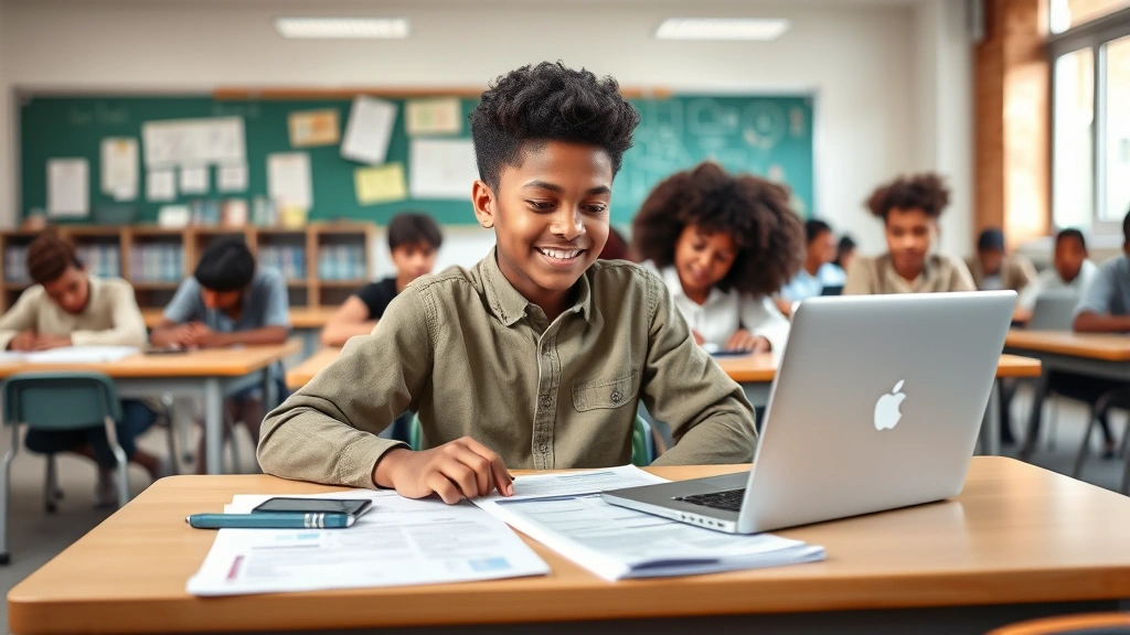 diverse student sitting at desk with laptop and medical documents reviewing school materials in bright classroom setting