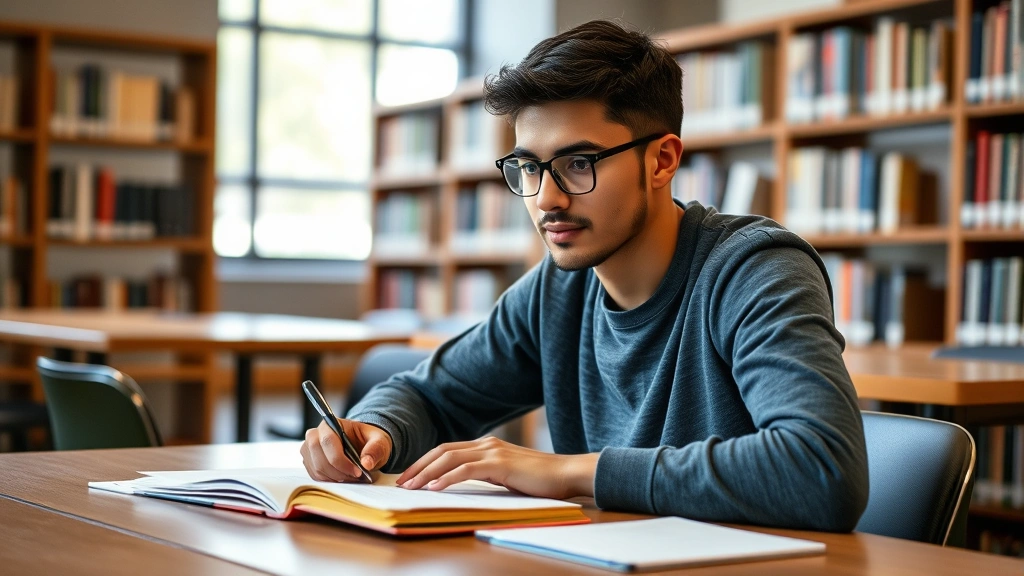 Young college student studying at library desk with laptop and notes, focused and calm expression, natural daylight from wind