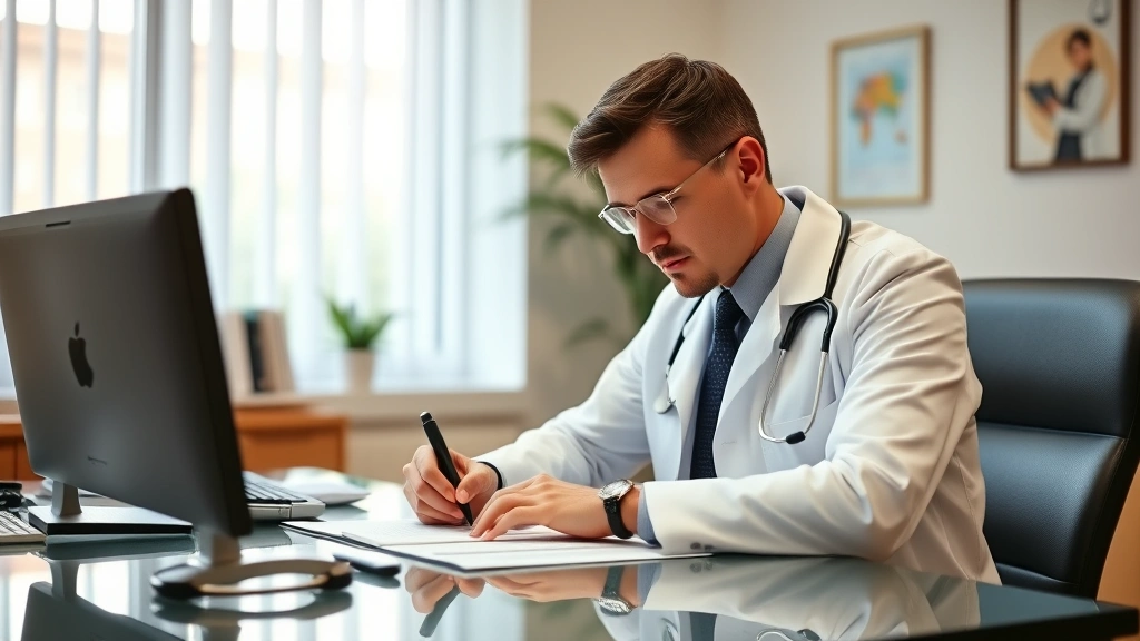 Licensed doctor at desk writing medical documentation with stethoscope visible, professional office setting, warm lighting