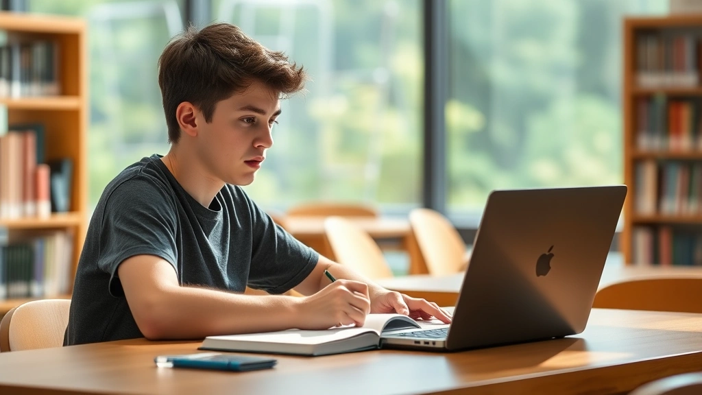 Student studying at library desk with laptop and notebook, natural lighting, focused expression, accessible workspace setup