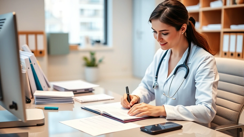 Healthcare provider writing documentation at desk with medical files, professional office setting, warm lighting, caring deme