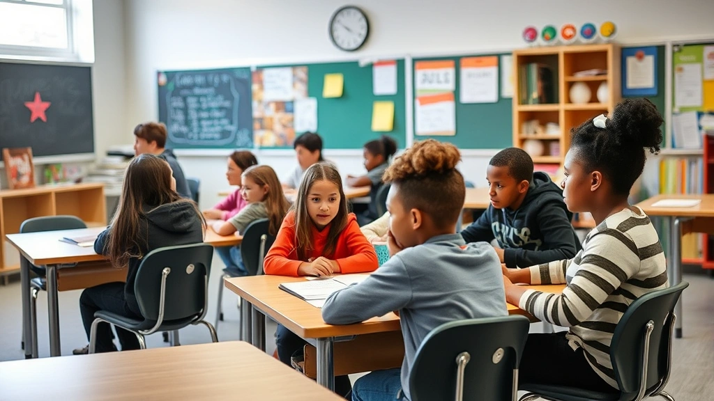 Diverse students in accessible classroom with various accommodation supports visible, collaborative learning environment, inc