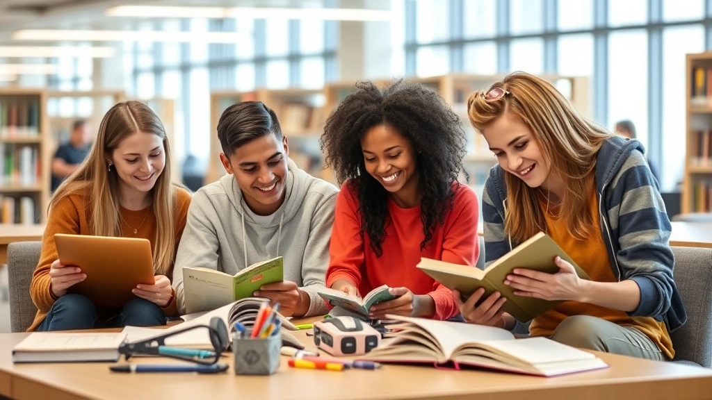 Diverse college students studying together in accessible campus library with various accommodation tools visible