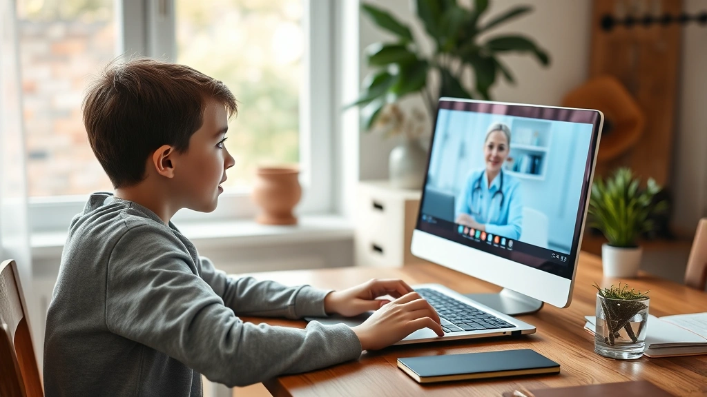 A young student sitting at a desk looking at a laptop screen during a video call with a healthcare provider, natural lighting