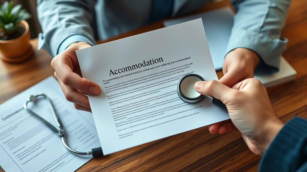 Close-up of hands holding a printed accommodation letter with a stethoscope and medical documents on a wooden desk, warm indo
