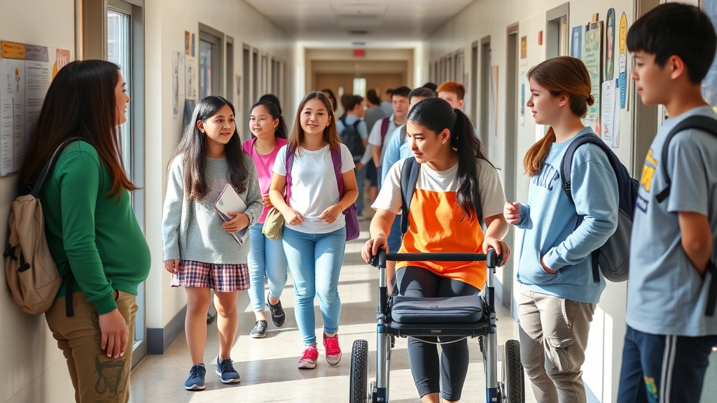 A diverse group of students in a school hallway, one student using a mobility aid, others engaged in conversation, inclusive