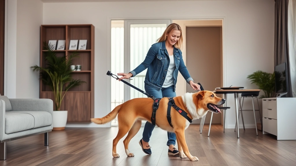 Professional woman with mobility disability using service dog for balance support while walking in modern apartment