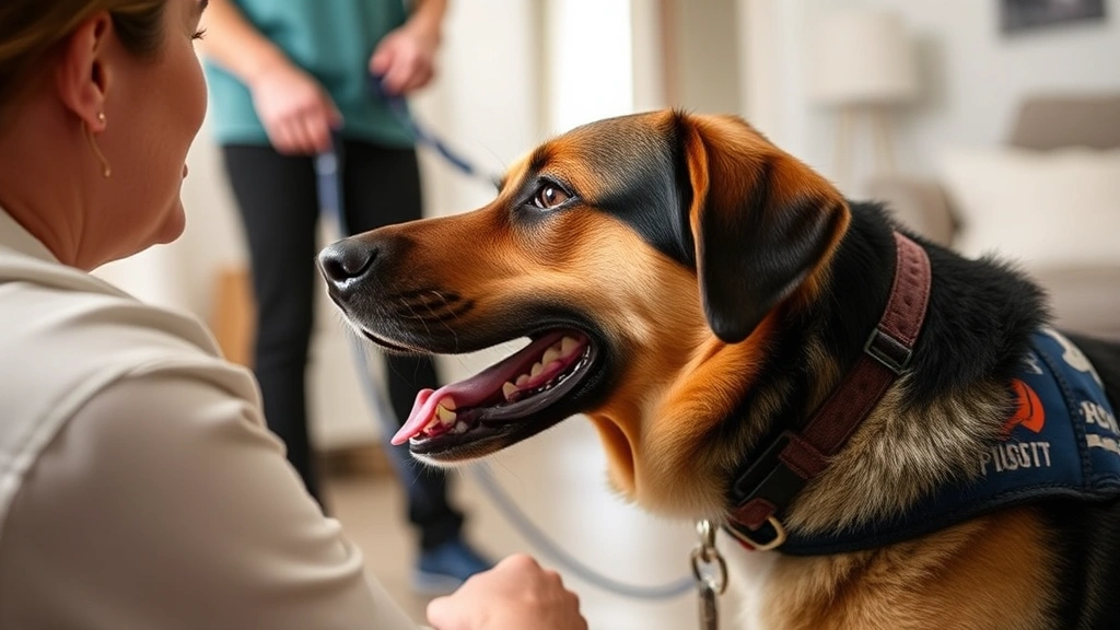 Close-up of service dog alert behavior during medical event with handler present in home setting