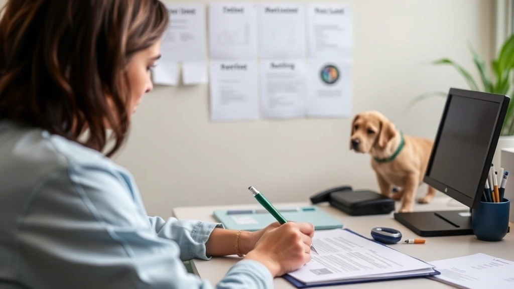 Healthcare provider at desk writing documentation letter with service animal training records visible