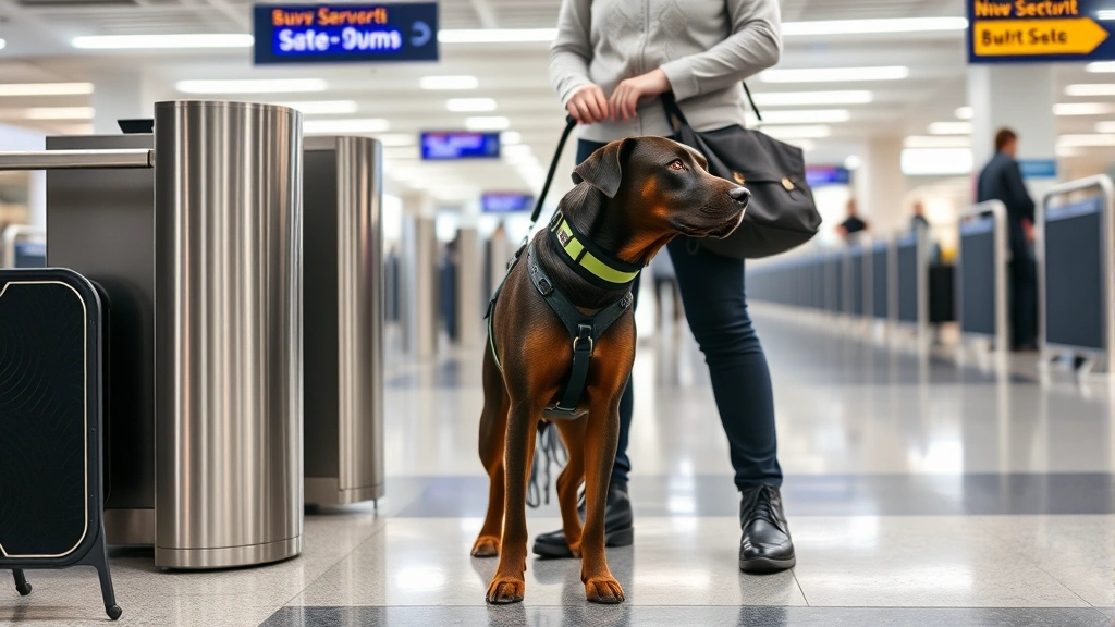 Person with service dog at airport security checkpoint, dog wearing harness, calm and professional setting, natural lighting