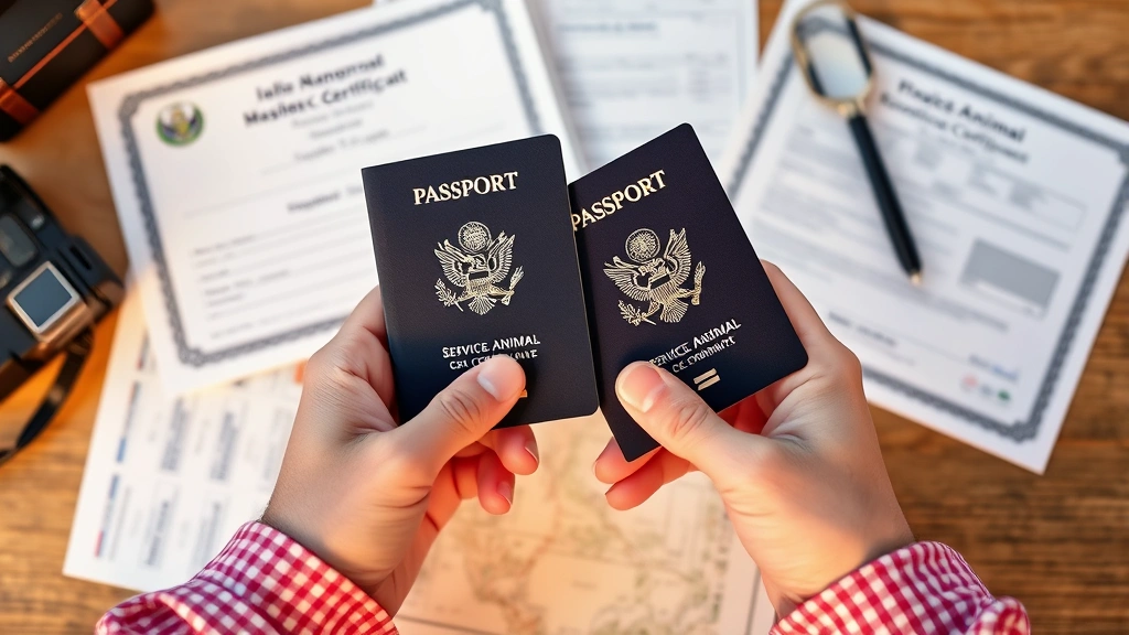 Close up of hands holding passport and service animal health certificate documents, organized travel documents on table, warm