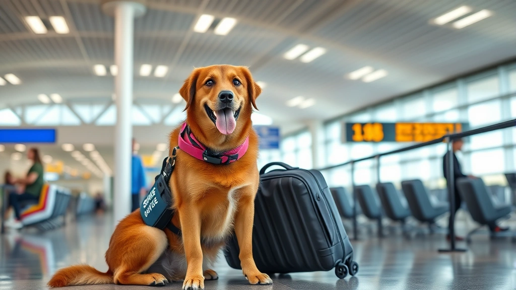 Service dog sitting beside traveler in airport terminal, both looking relaxed and ready to board, modern airport background,