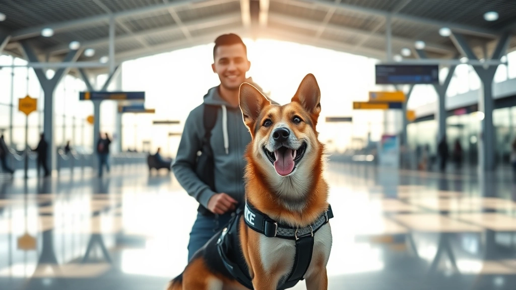 Person with service dog standing confidently in modern airport terminal with natural lighting