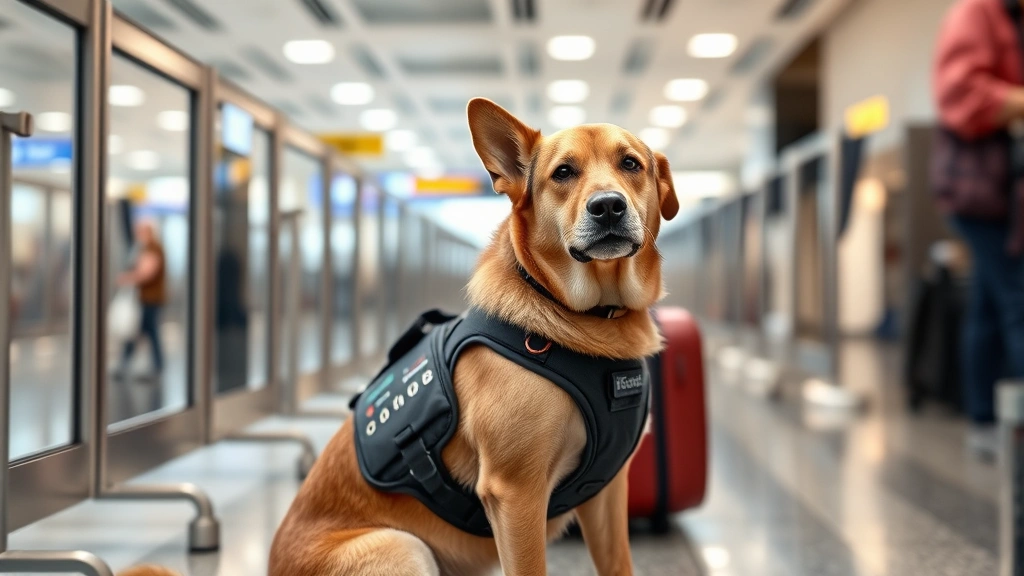 Service dog wearing professional harness sitting calmly next to traveler during airport security check