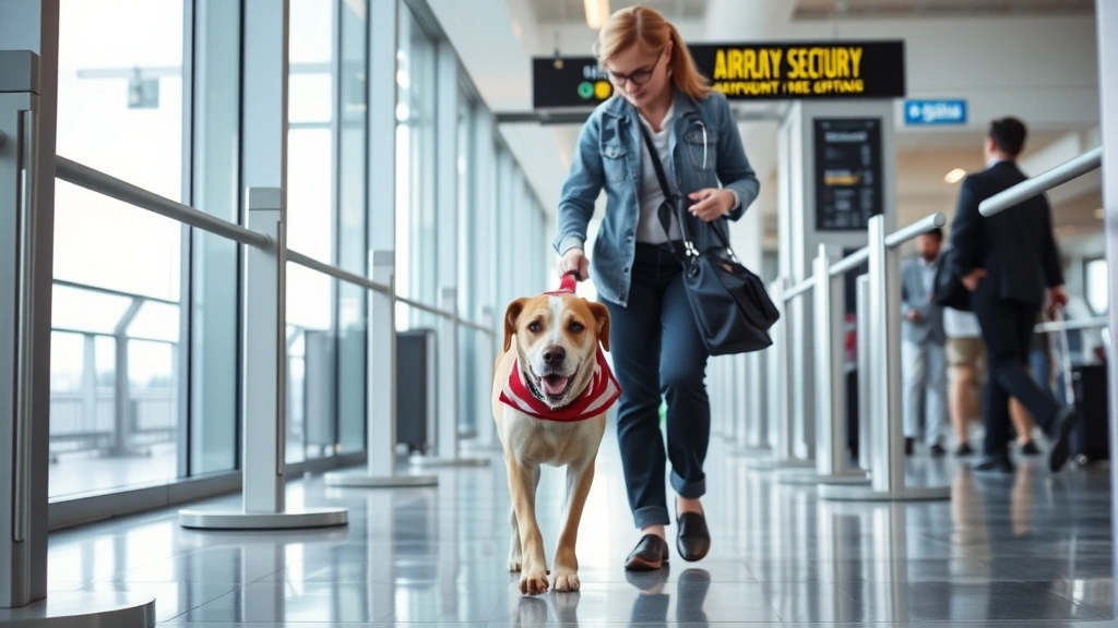 Person with guide dog walking through airport security checkpoint, professional healthcare setting, natural lighting, calm de