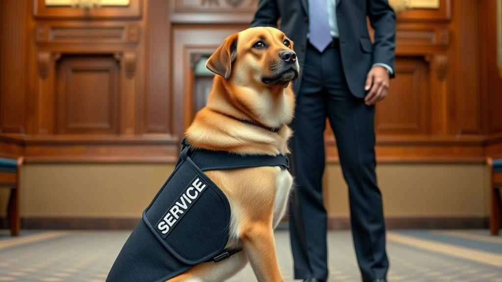 Service dog wearing vest sitting attentively beside person in formal business clothing, courtroom or professional building ba