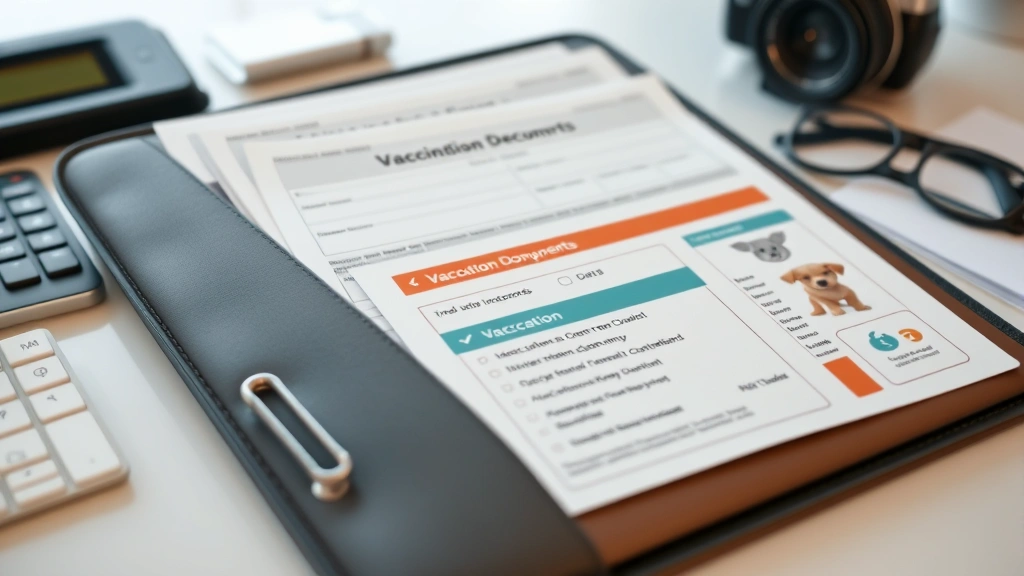 Close-up of organized travel documents and vaccination records in folder with service animal identification materials, clean