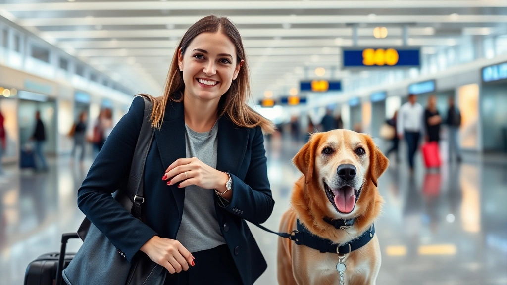 Professional woman with guide dog in airport terminal during business travel, both calm and focused, modern travel setting wi