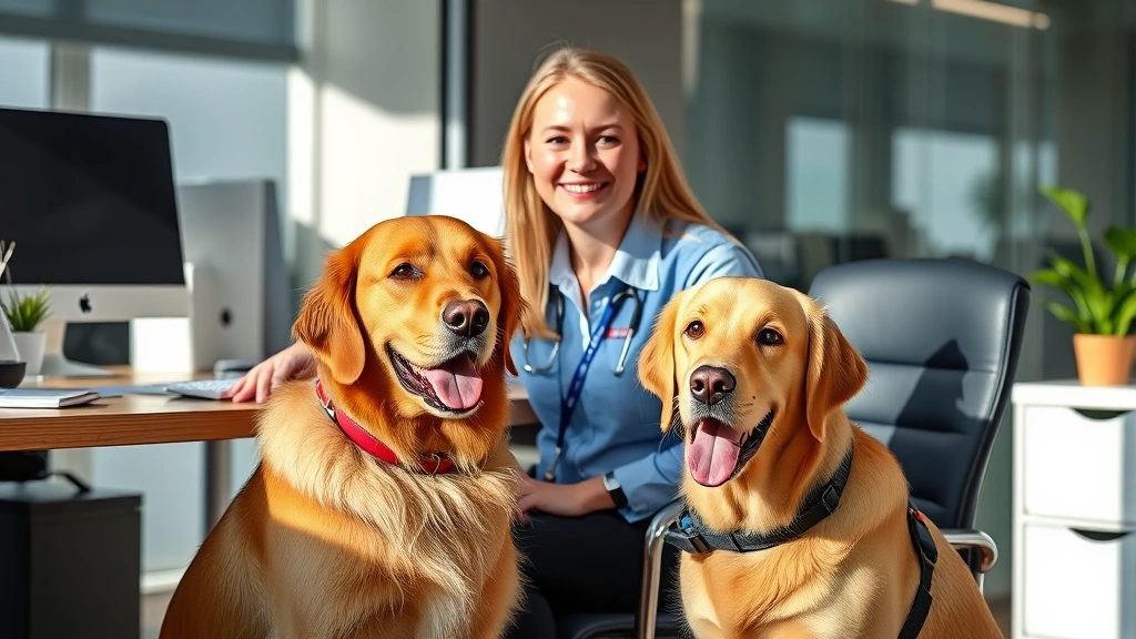 Service dog handler sitting at corporate office desk with golden retriever service dog beside chair, inclusive workplace envi