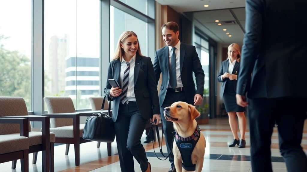 Business traveler with service animal checking into hotel lobby, professional attire, service dog wearing vest, friendly hote