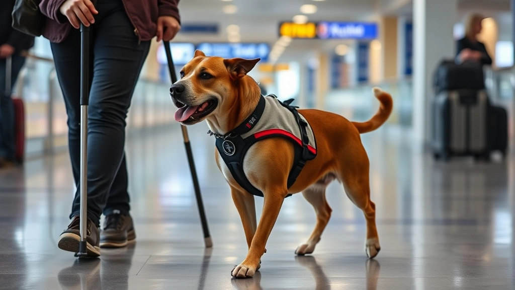 A service dog wearing a harness walking beside a person with a mobility cane, both traveling through an airport terminal with