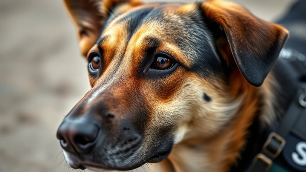 A close-up of a service dog's face showing focused expression and professional training vest or harness, realistic photo