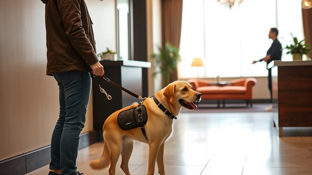 A person with a service dog checking into a hotel or apartment building, handler holding leash confidently while speaking wit