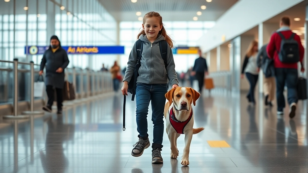 Student with service dog walking through airport terminal, calm and focused, natural lighting, professional atmosphere