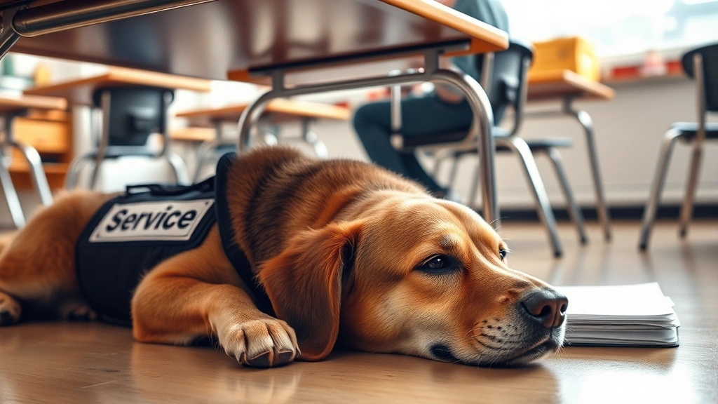 Service dog lying peacefully under school desk while student takes notes, classroom setting, warm natural lighting