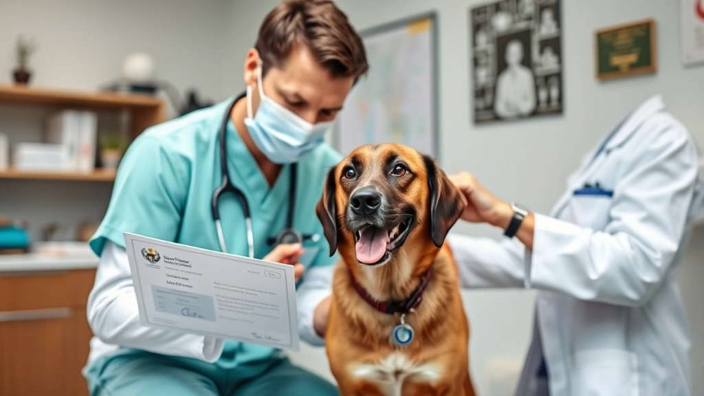 Veterinarian examining service dog for health certificate, checking vitals, professional medical clinic environment, caring i