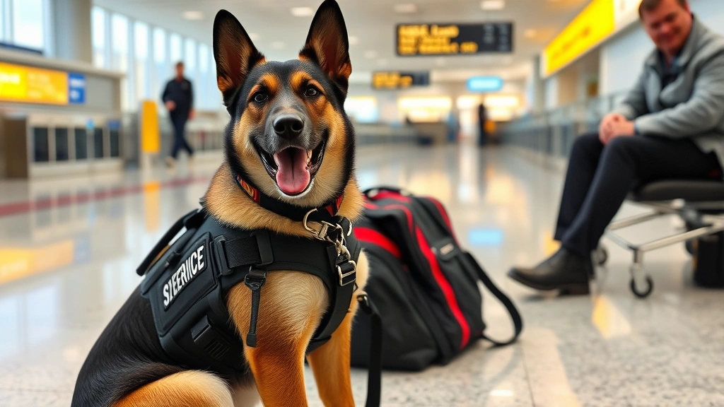 Service dog wearing harness sitting calmly in airport terminal with passenger nearby looking confident and relaxed