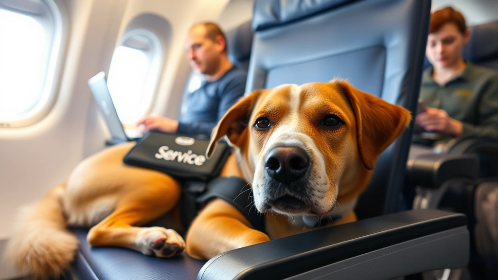 Service dog resting peacefully in airline cabin seat area with passenger working on laptop in background