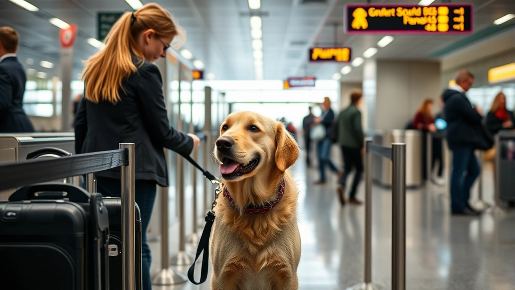 Woman with guide dog at airport security checkpoint, professional travel setting