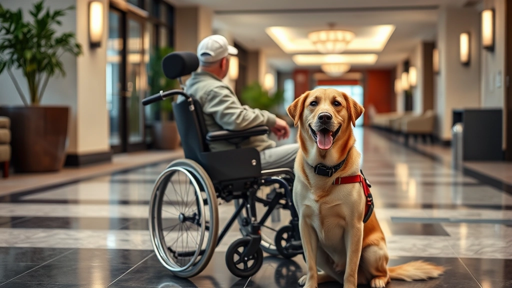 Service dog sitting attentively beside person in wheelchair at hotel lobby