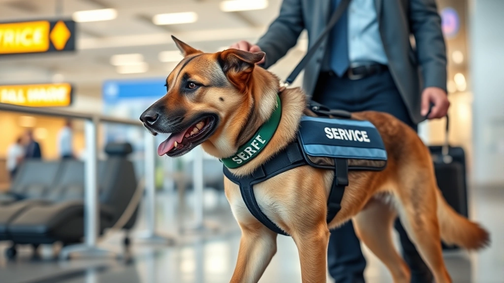 Service dog in vest walking through airport terminal with handler, professional environment