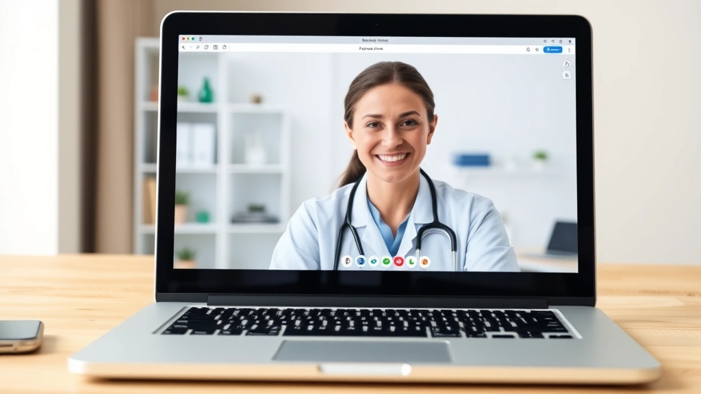 Laptop screen showing video call between person and healthcare provider for telehealth appointment
