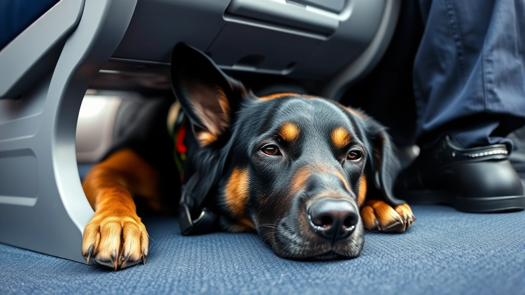 Service dog resting calmly under airplane seat with handler nearby in cabin