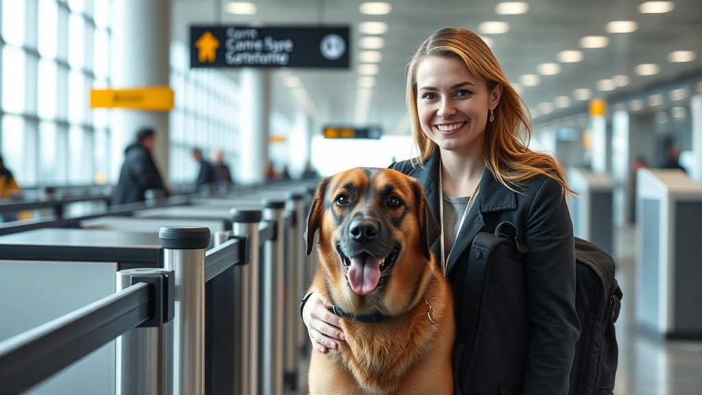 Professional woman with service dog at airport security checkpoint, both calm and focused, natural lighting