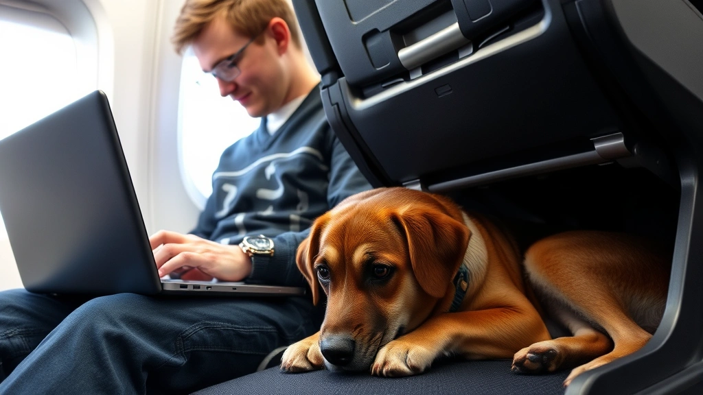 Service dog resting under airplane seat while handler works on laptop during flight, cabin interior visible