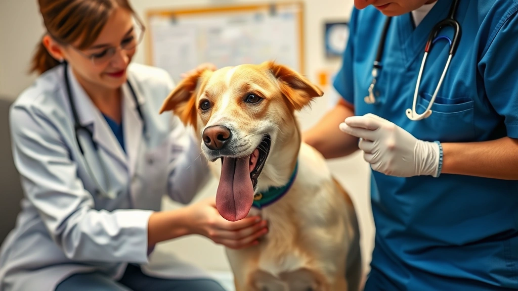 Veterinarian examining healthy service dog for travel health certificate, clinical setting with medical records