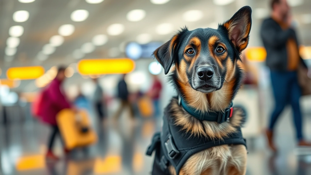 Service dog in harness sitting alertly in airport terminal with blurred travelers in background, professional and calm