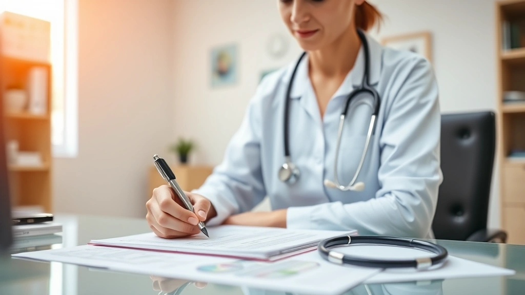 Healthcare provider writing notes at desk with stethoscope and paperwork, warm office lighting and supportive atmosphere