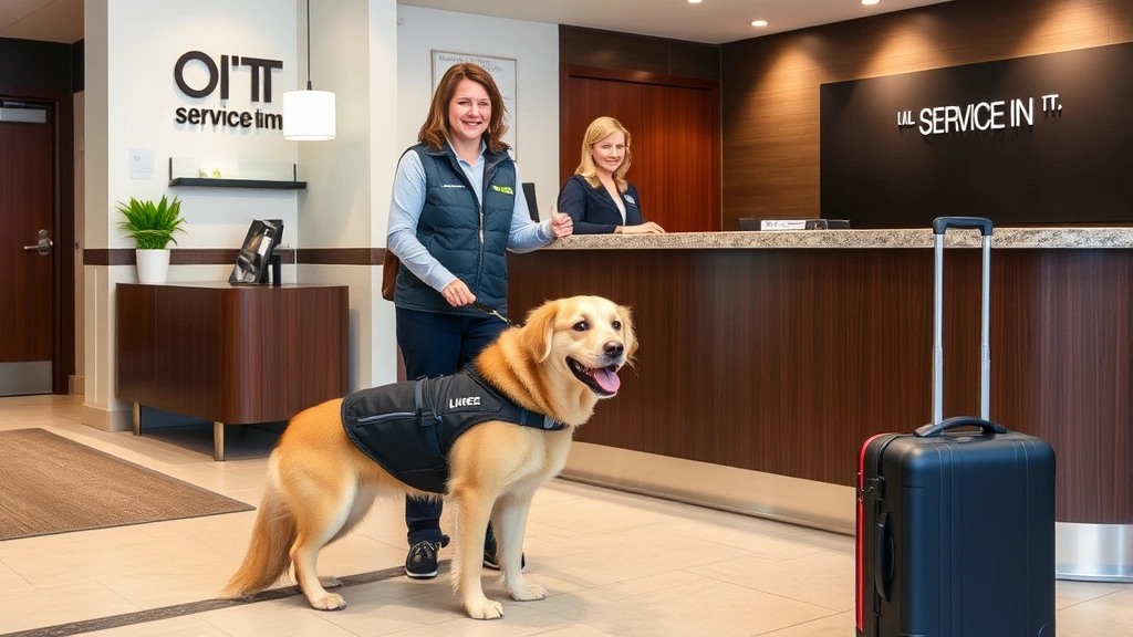 Service dog and handler at hotel check-in desk with friendly staff member, welcoming environment with luggage nearby