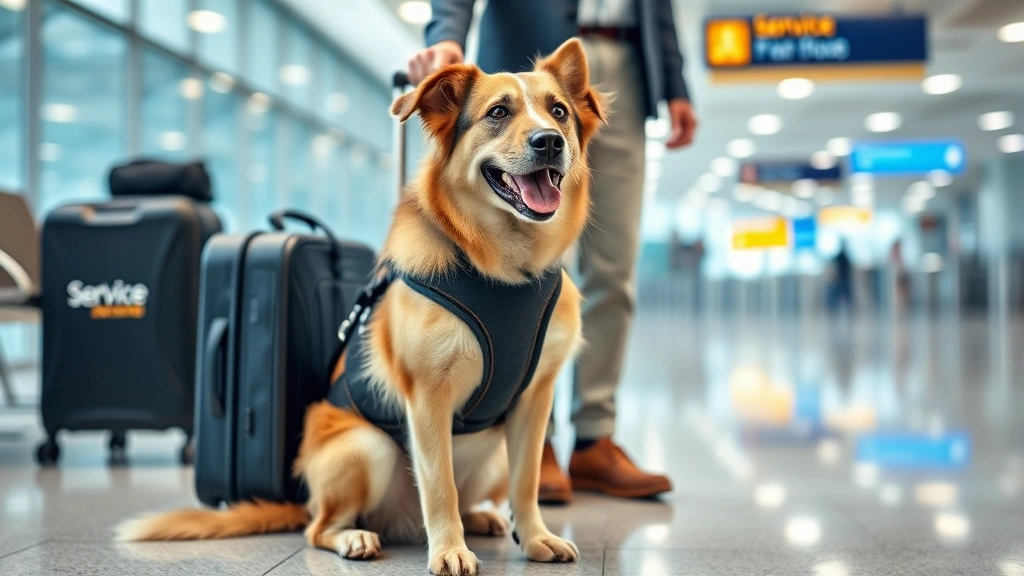 Service dog in harness sitting calmly in airport terminal next to handler with luggage, professional travel setting