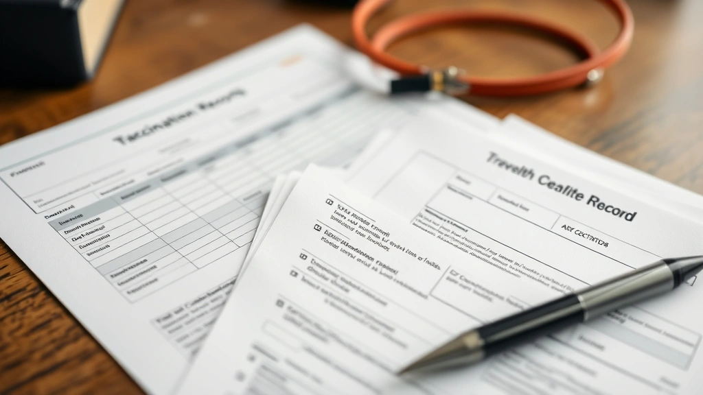 Close-up of vaccination record and health certificate documents on table with pen, organized travel paperwork