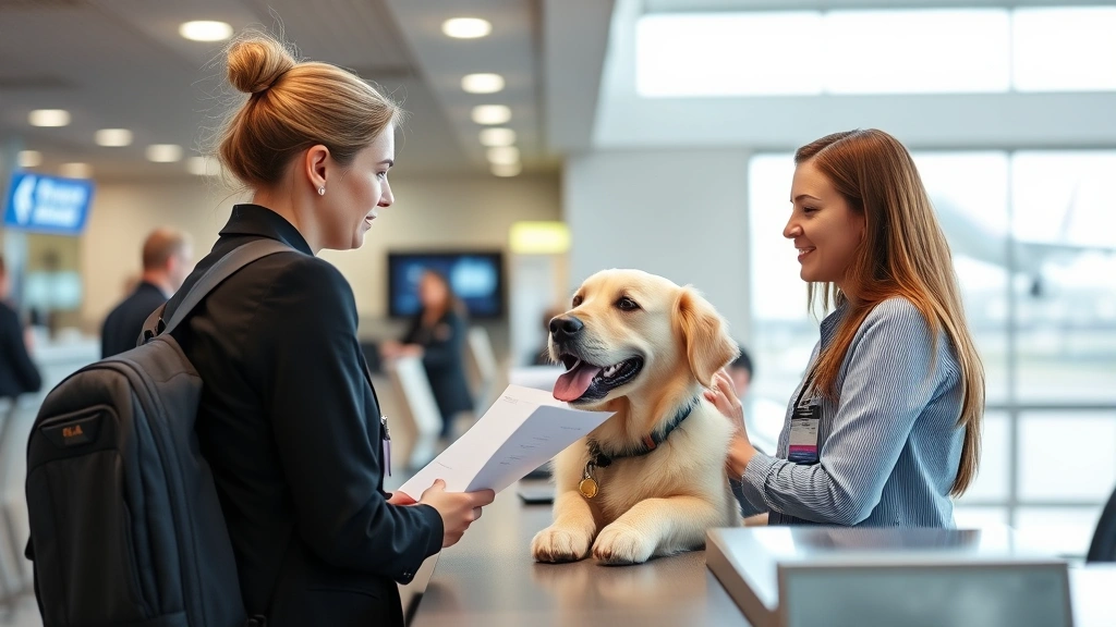 Service animal handler presenting documentation to airline staff at check-in counter, calm professional interaction
