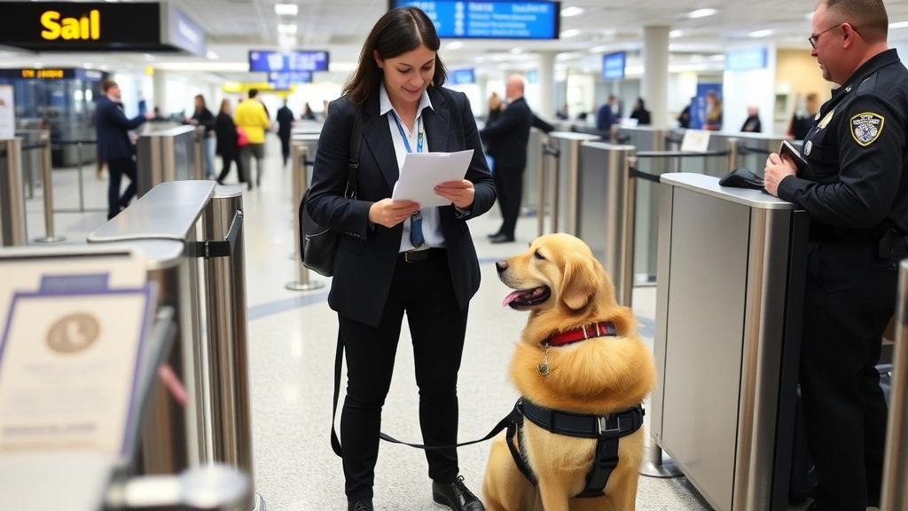 Person with service dog at airport security checkpoint, professional atmosphere, handler showing documents to TSA officer, do