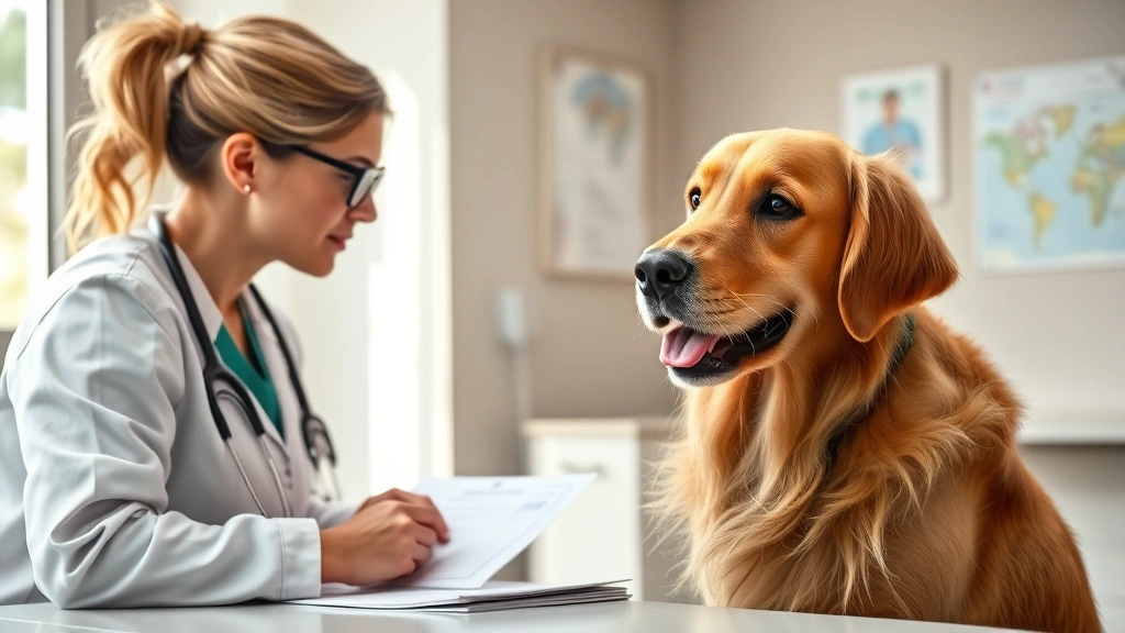 Licensed veterinarian examining golden retriever service dog in clinic, health certificate on desk, vaccination records visib